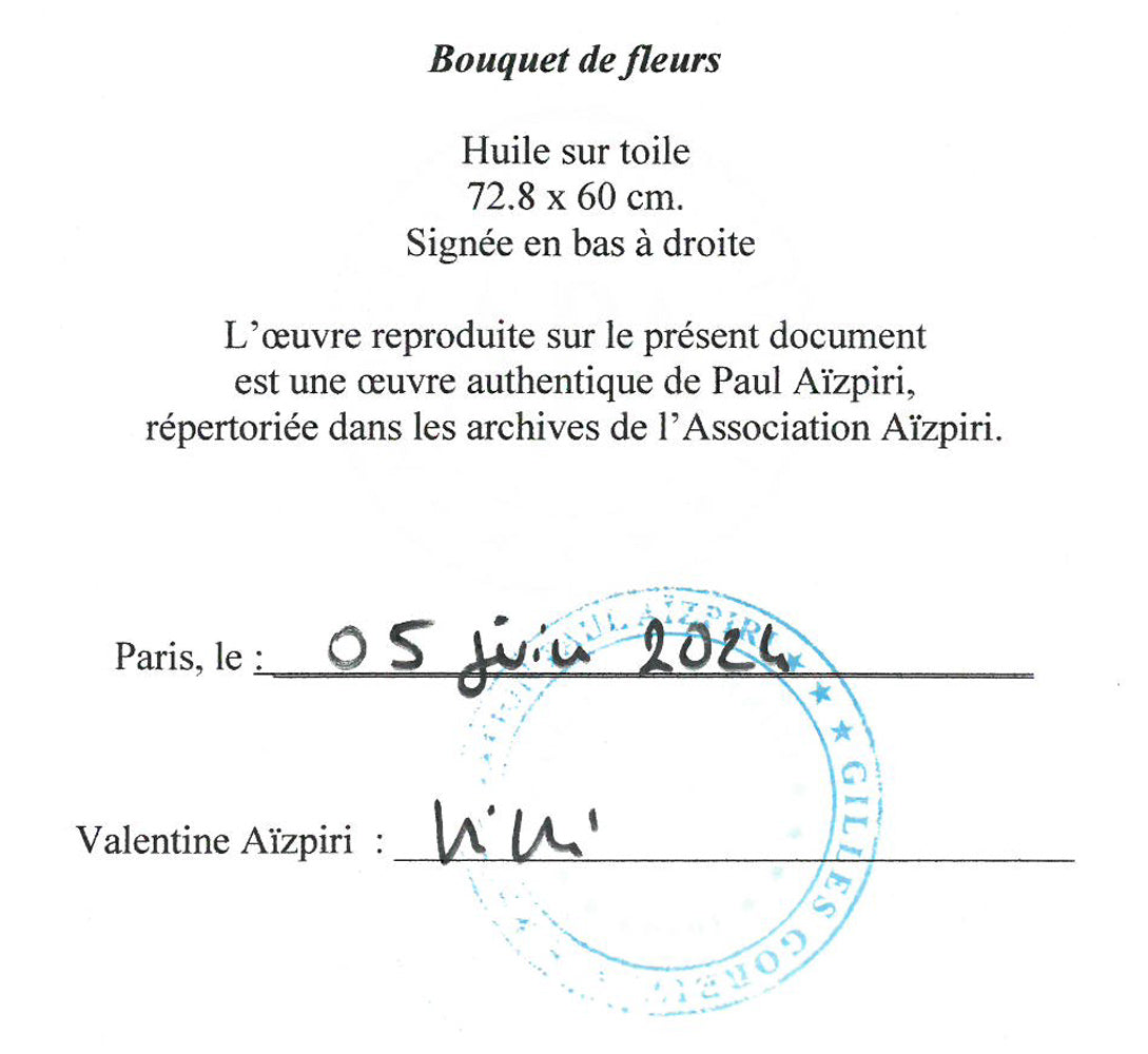 ポール・アイズピリ(Paul AIZPIRI)「花束(Bouquet de fleurs)」油絵・仏F20号 「Association Aizpiri」鑑定書画像 拡大画像