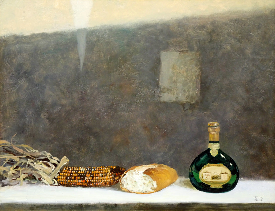 赤穴宏「パンのある静物」油絵・P10号 作品全体画像