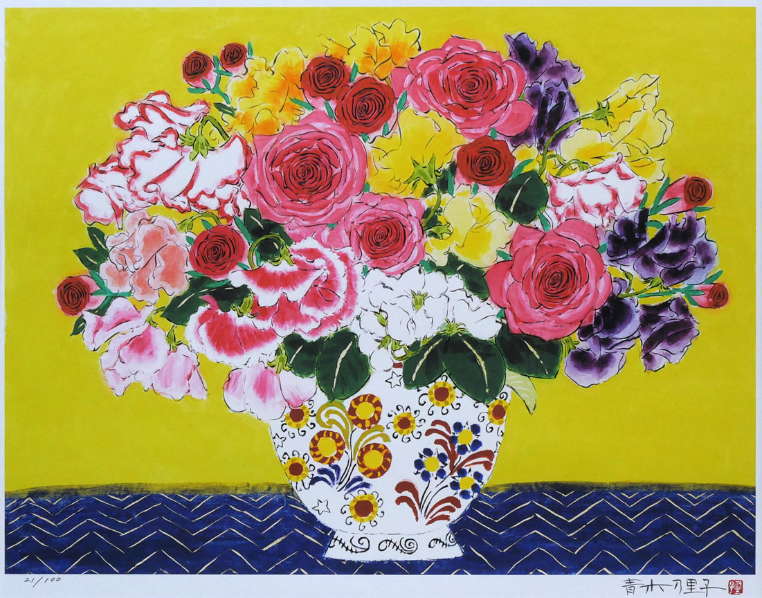 青木乃里子「スイートピーと薔薇」ジクレー版画 作品全体拡大画像