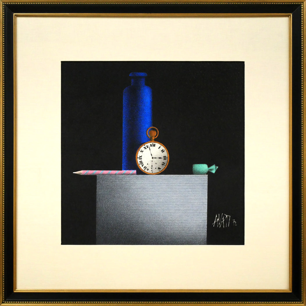 マリオ アヴァチ(Mario AVATI)「時計のある静物」肉筆パステル画・S5号