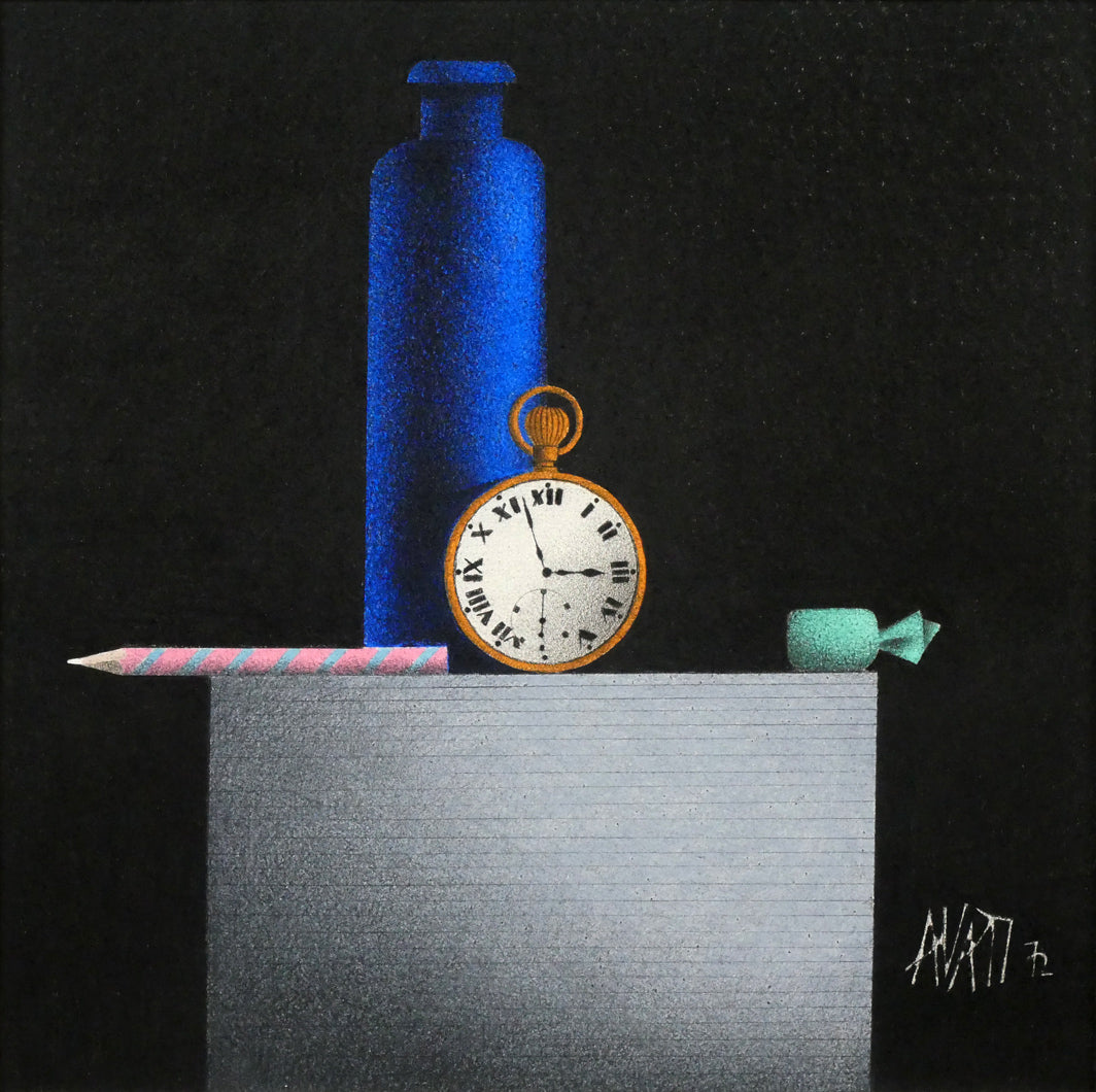 マリオ アヴァチ(Mario AVATI)「時計のある静物」肉筆パステル画・S5号 作品全体画像