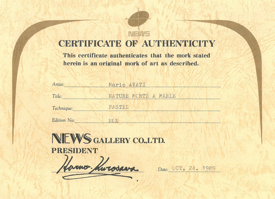 マリオ アヴァチ(Mario AVATI)「時計のある静物」肉筆パステル画・S5号 作品保証書画像