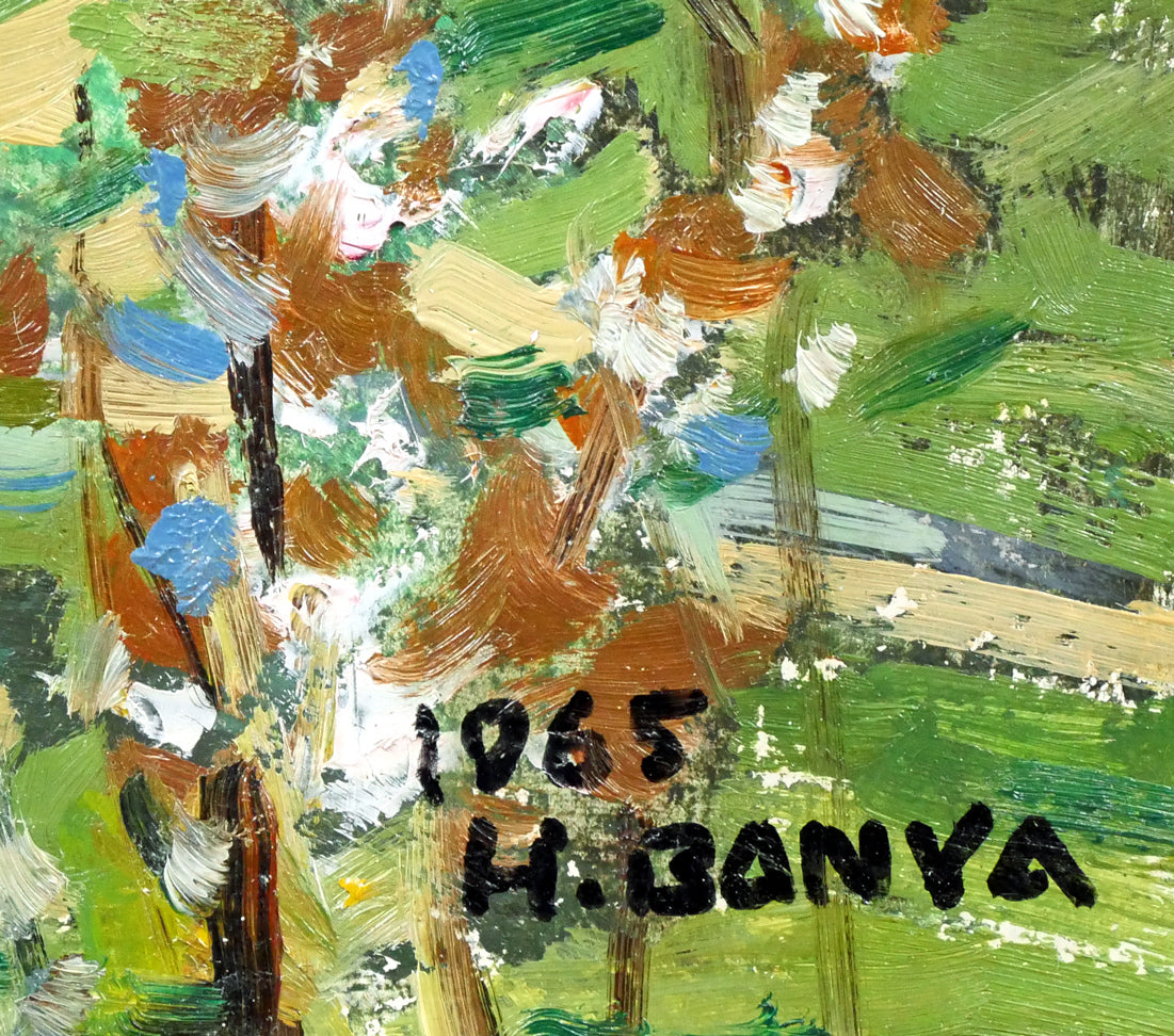 萬谷藤男「芦別岳の春」油絵・F3号 年記(1965年作)、サイン拡大画像