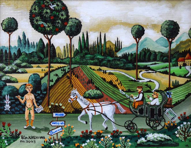 ビン・カシワ「ヒッチハイク」油絵・F0号 作品全体拡大画像