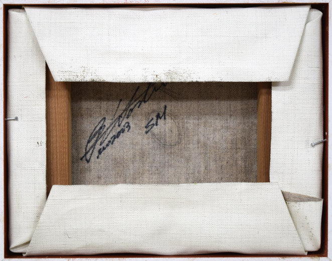 ビン・カシワ「ヒッチハイク」油絵・F0号 キャンバス裏側画像