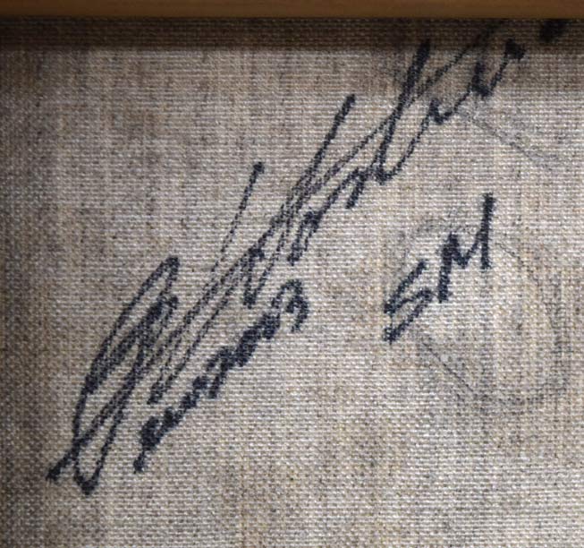 ビン・カシワ「ヒッチハイク」油絵・F0号 裏書き拡大画像