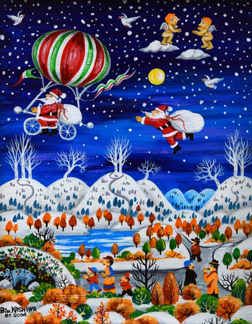 ビン・カシワ「オーイ、待っておくれ(サンタ)」油絵・F0号 作品全体拡大画像