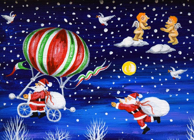 ビン・カシワ「オーイ、待っておくれ(サンタ)」油絵・F0号 拡大画像1