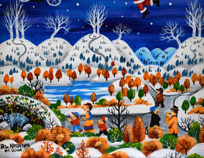 ビン・カシワ「オーイ、待っておくれ(サンタ)」油絵・F0号 拡大画像5