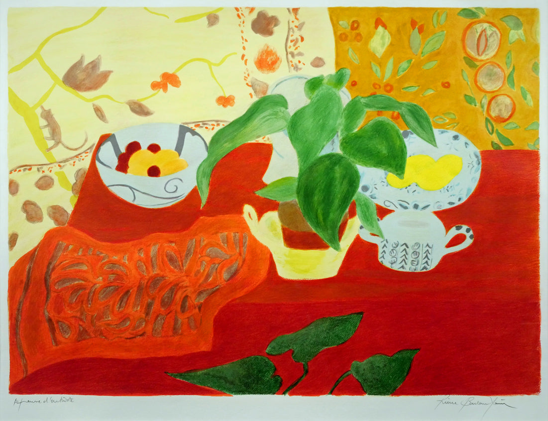 ピエール ボンコンパン(Pierre BONCOMPAIN)「赤いテーブルクロス」リトグラフ 作品全体画像