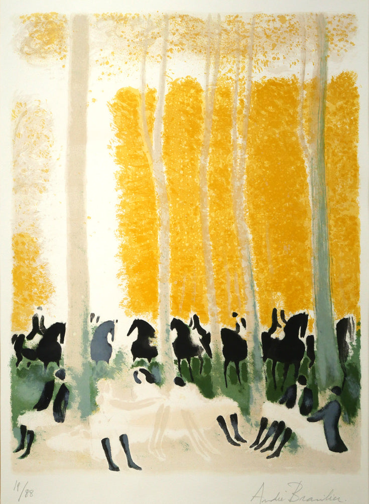 アンドレ ブラジリエ(Andre Brasilier)「乗馬服の一行(黄)」リトグラフ 作品全体画像