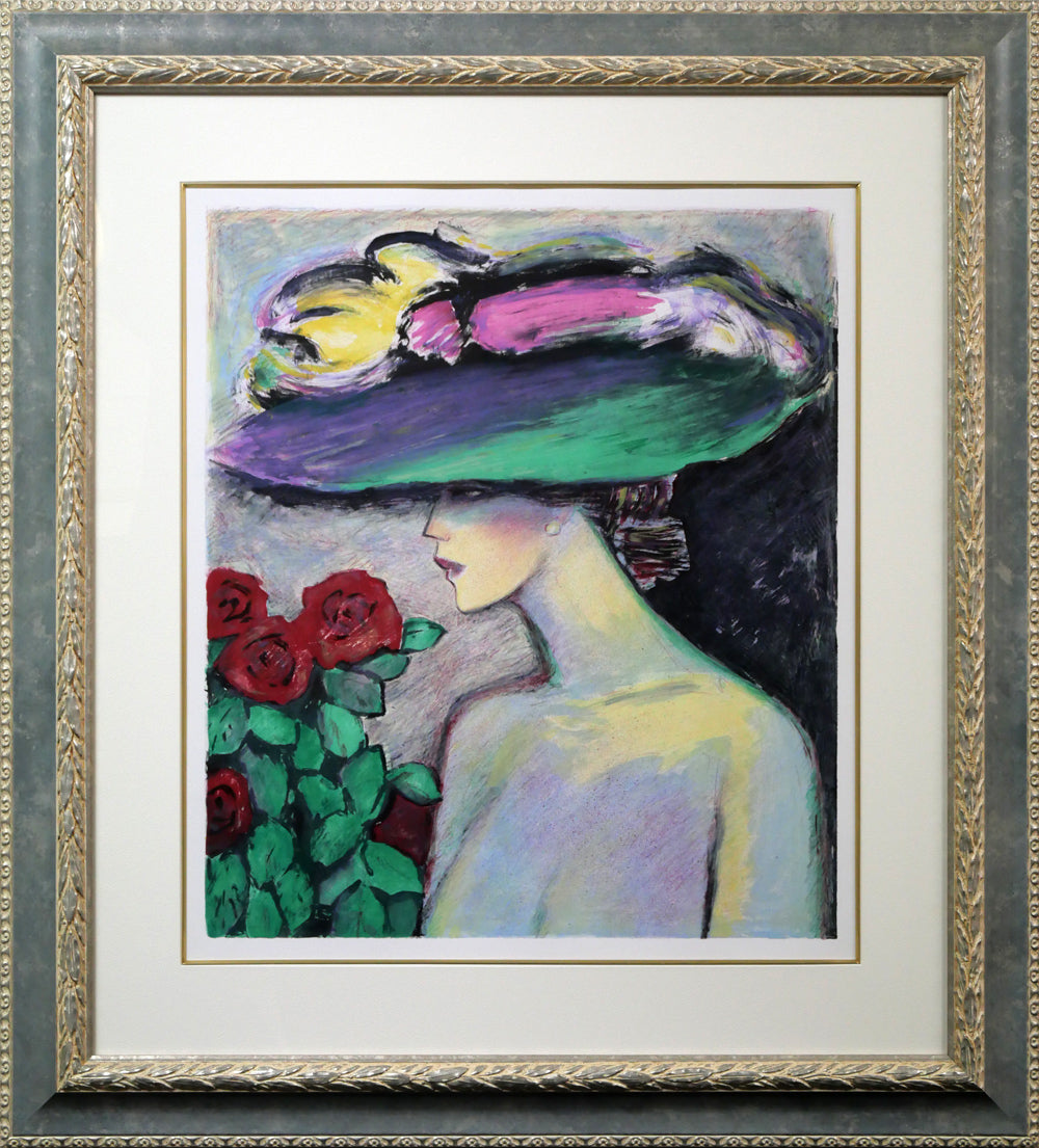 ジャン・ピエール・カシニョール(JEAN PIERRE CASSIGNEUL)「バラの花束とプロフィール」リトグラフ