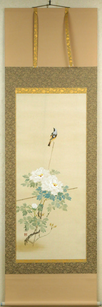 出口華凰「牡丹に小禽」彩色紙本掛軸尺五立・太巻・共箱