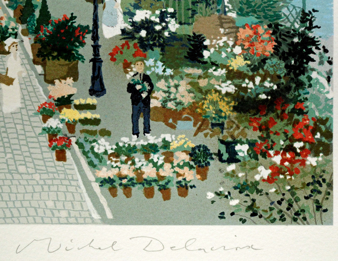 ミッシェル ドラクロワ(Michel DELACROIX)「花市場(フラワーマーケット)」リトグラフ・限定サイン入り 本人直筆鉛筆サイン