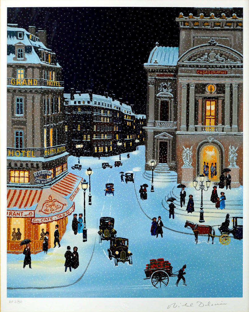 ミッシェル ドラクロワ(Michel DELACROIX)「オペラ座付近:「少年時代のパリ」より冬」シルクスクリーン版画・限定サイン入り 作品全体画像