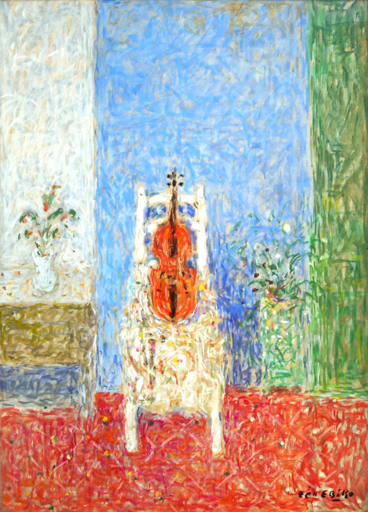 蛯子善悦「椅子とバイオリン」油絵・P8号 作品全体画像