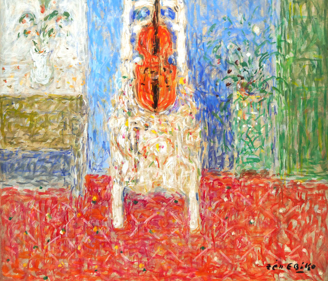 蛯子善悦「椅子とバイオリン」油絵・P8号 拡大画像2