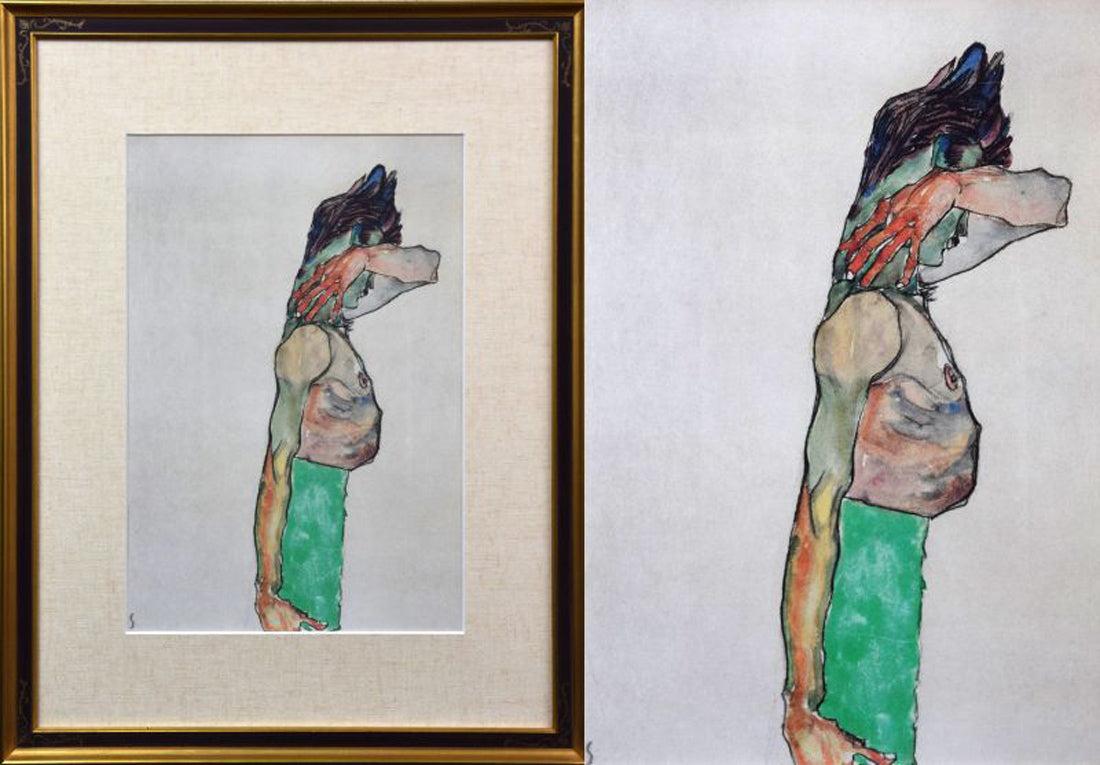 エゴン・シーレ「EGON SCHIELE」リトグラフ・ポートフォリオ(10枚セット額縁付き) ⑧「グリーンコスチューム」(額寸65.5×50.4cm)