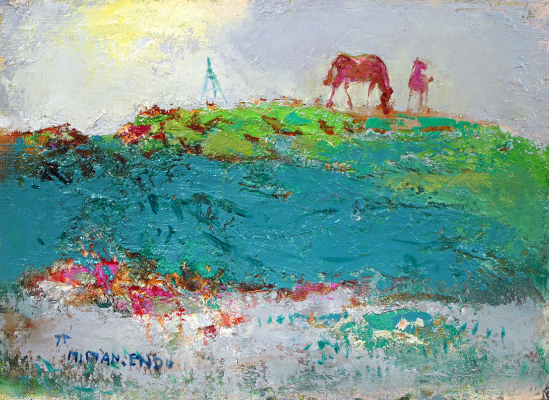 遠藤ミマン「三角点のある風景」油絵・F4号 作品全体画像