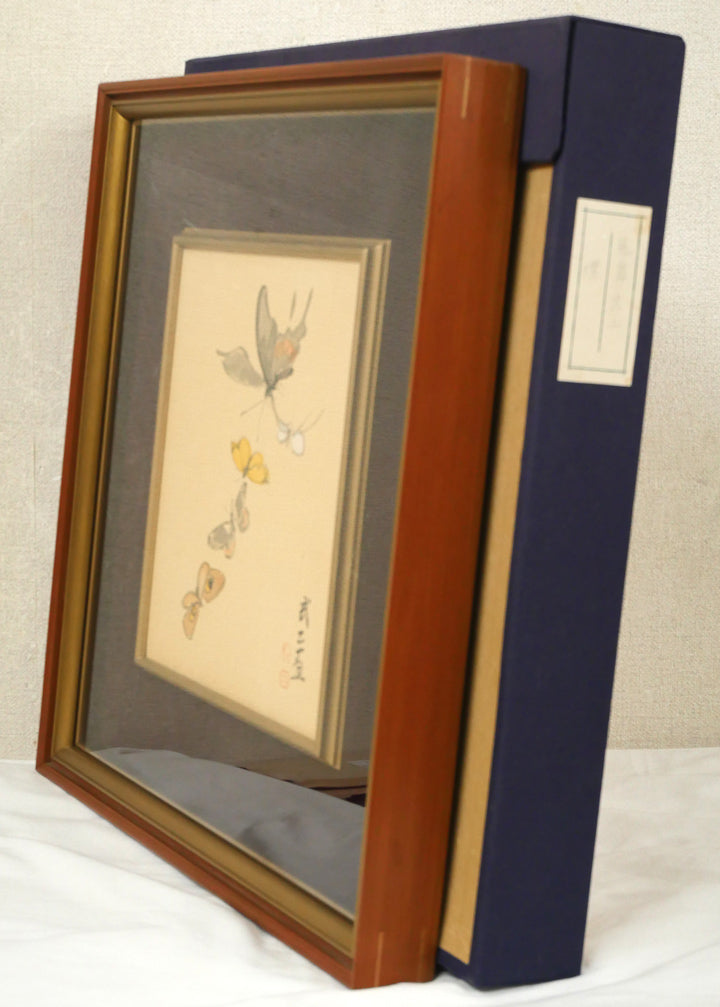 藤島武二「蝶」肉筆彩色画・絹本・色紙額装 付属品画像(布タトウ箱付き)
