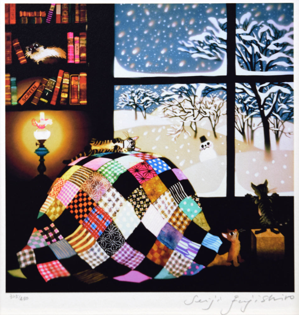 藤城清治「こたつと猫」レフグラフ 作品全体拡大画像