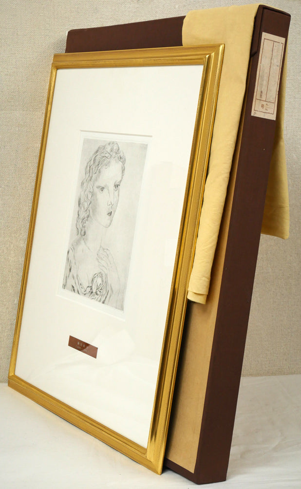 藤田嗣治「バラを持つ少女」エッチング(銅版画) 付属品画像(黄袋、布タトウ箱)
