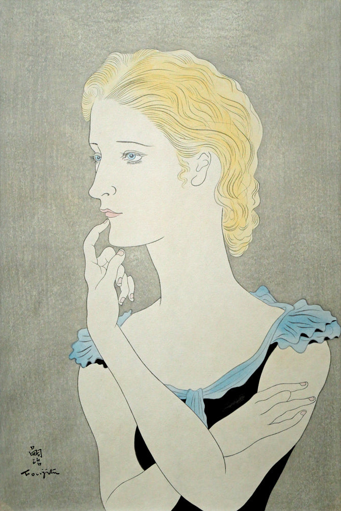 藤田嗣治「フランス娘」木版画 作品全体画像