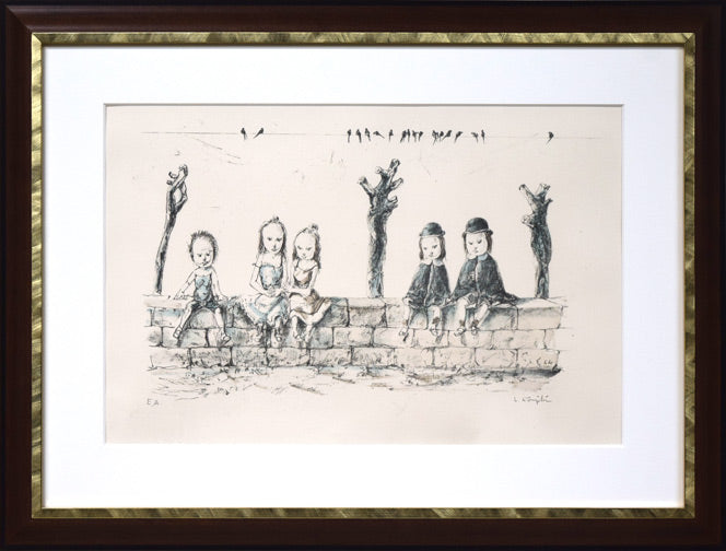 藤田嗣治「塀の上でー子供たちとツバメ」リトグラフ
