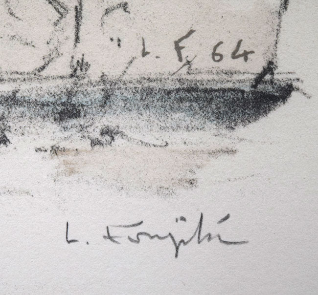 藤田嗣治「塀の上でー子供たちとツバメ」リトグラフ 鉛筆サイン拡大画像