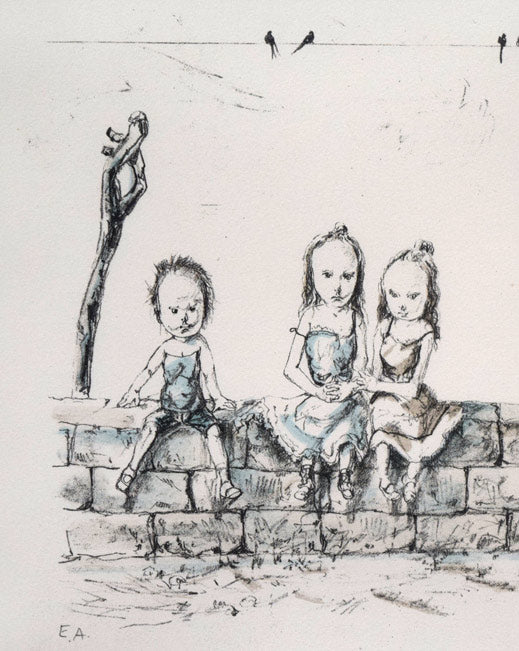 藤田嗣治「塀の上でー子供たちとツバメ」リトグラフ 拡大画像1