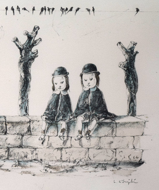 藤田嗣治「塀の上でー子供たちとツバメ」リトグラフ 拡大画像2