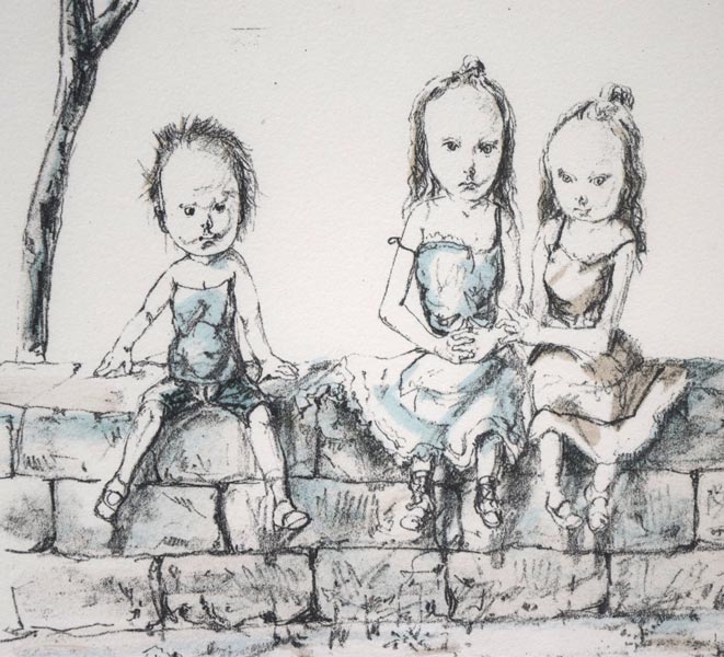 藤田嗣治「塀の上でー子供たちとツバメ」リトグラフ 拡大画像4