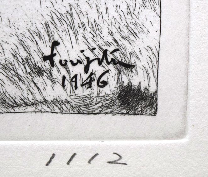 藤田嗣治「猫(未発表作)」エッチング(銅版画) 版上サイン拡大画像