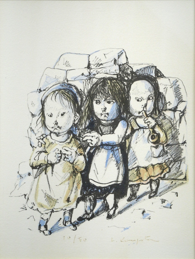 藤田嗣治「三人の女の子」リトグラフ 作品全体画像