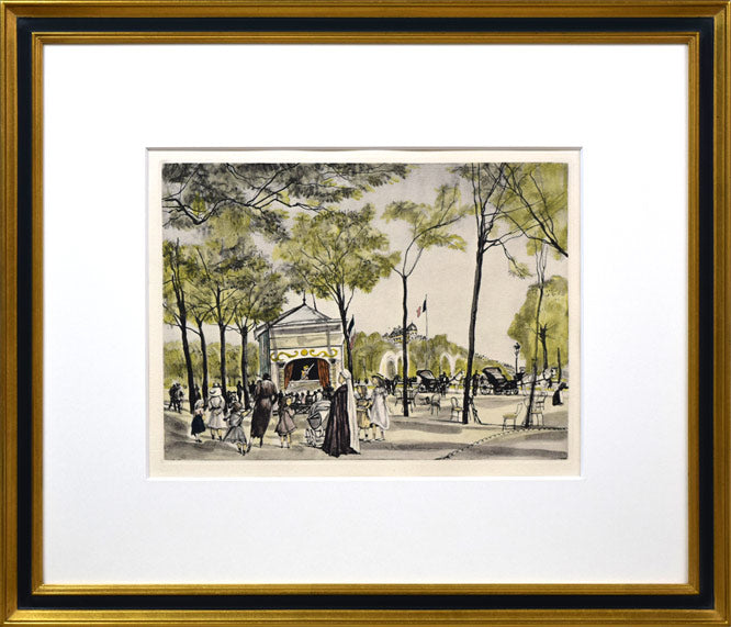 藤田嗣治「シャンゼリゼ通り(「魅せられたる河」より)」エッチングに手彩色