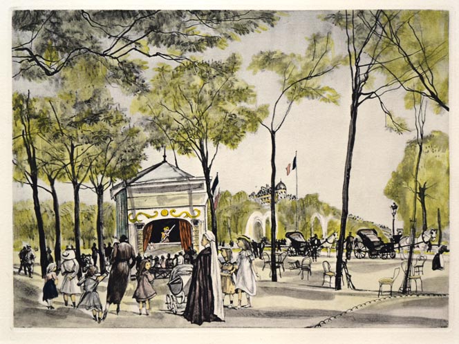 藤田嗣治「シャンゼリゼ通り(「魅せられたる河」より)」エッチングに手彩色 作品全体拡大画像