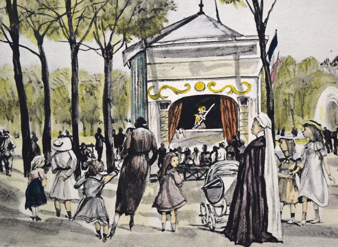 藤田嗣治「シャンゼリゼ通り(「魅せられたる河」より)」エッチングに手彩色 拡大画像3