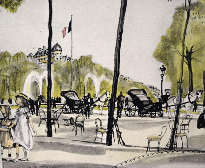 藤田嗣治「シャンゼリゼ通り(「魅せられたる河」より)」エッチングに手彩色 拡大画像5