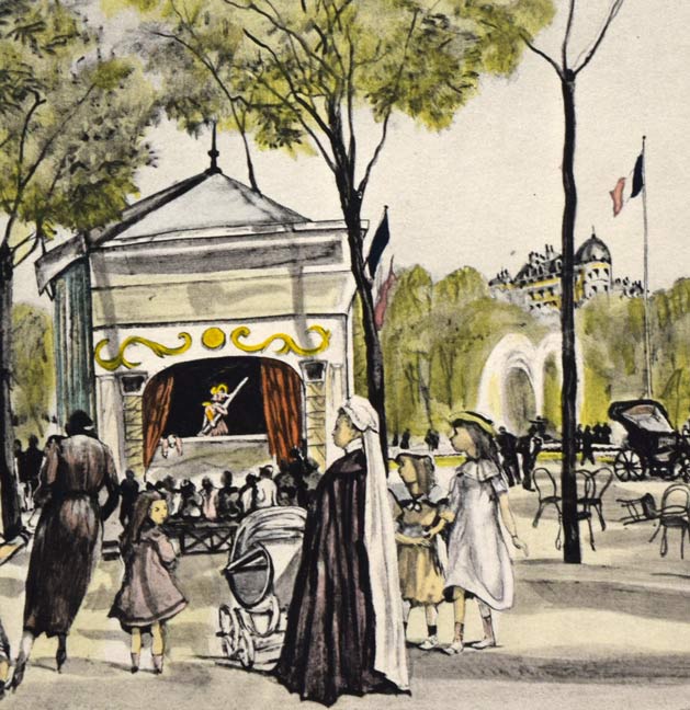 藤田嗣治「シャンゼリゼ通り(「魅せられたる河」より)」エッチングに手彩色 拡大画像4