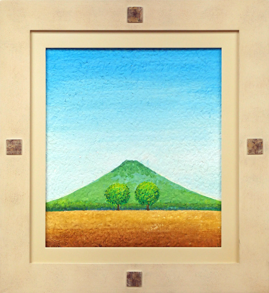 府川誠「二本の木」肉筆油彩画・色紙サイズ