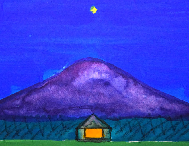 府川誠「ふるさとの山」肉筆水彩画 拡大画像1