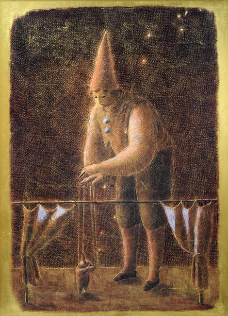 福岡通男「Marionetta」板にテンペラ、金箔・F4号 作品全体拡大画像