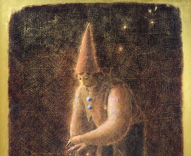 福岡通男「Marionetta」板にテンペラ、金箔・F4号 拡大画像1