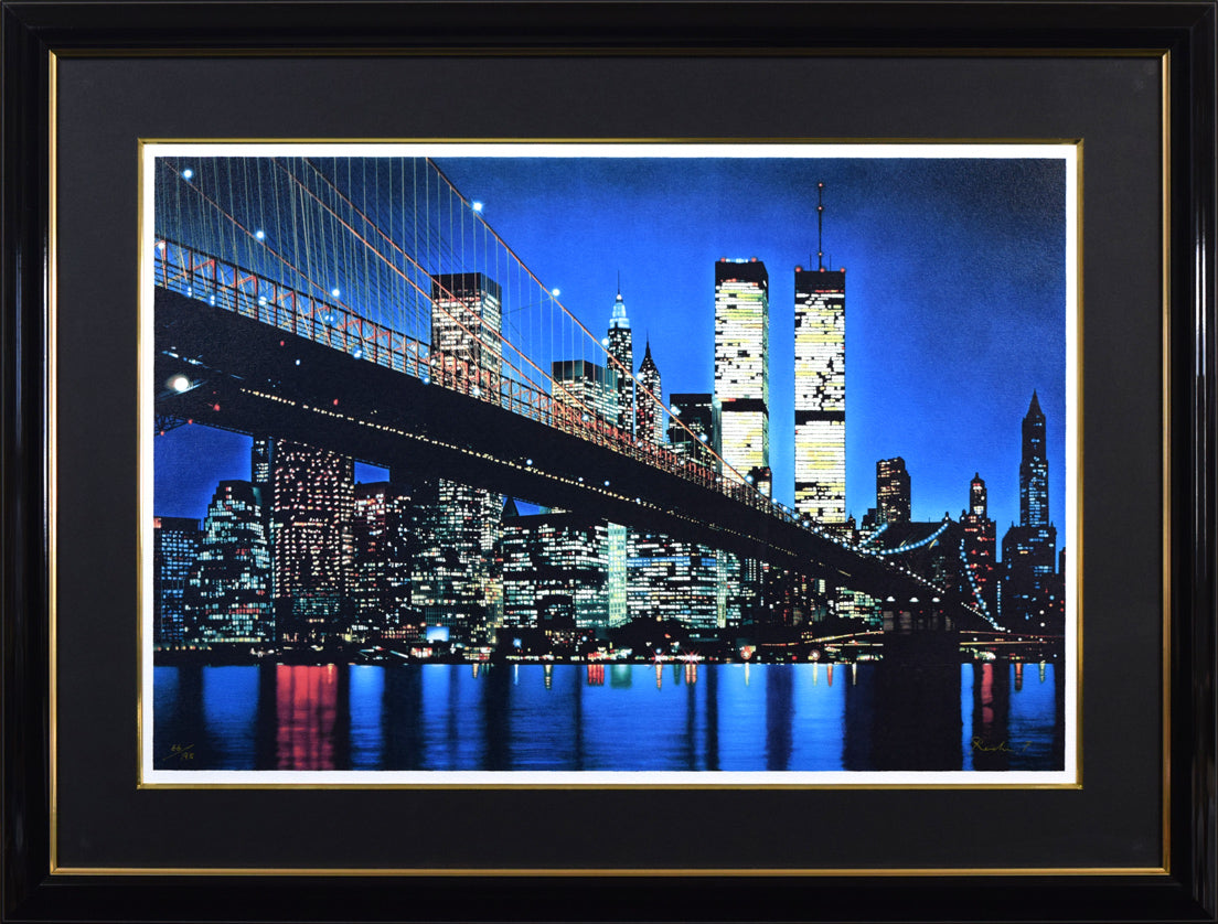 福島励史「夜のブルックリン大橋(ニューヨーク)」ミクストメディア版画