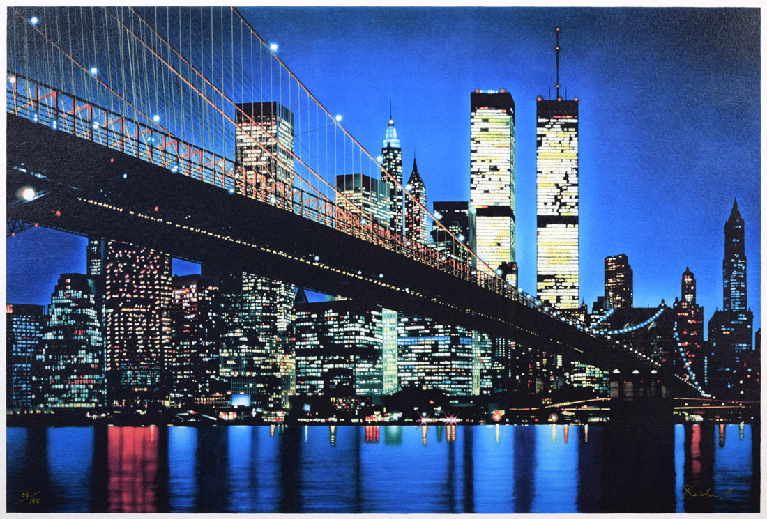 福島励史「夜のブルックリン大橋(ニューヨーク)」ミクストメディア版画 作品全体拡大画像