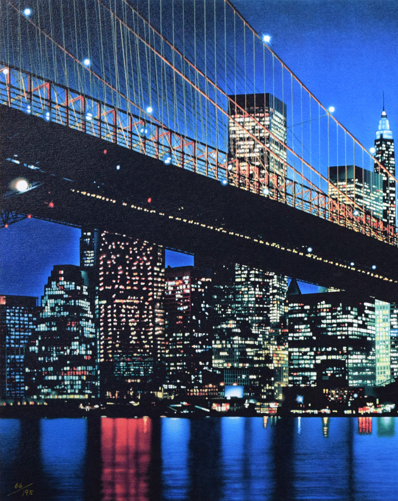 福島励史「夜のブルックリン大橋(ニューヨーク)」ミクストメディア版画 拡大画像1