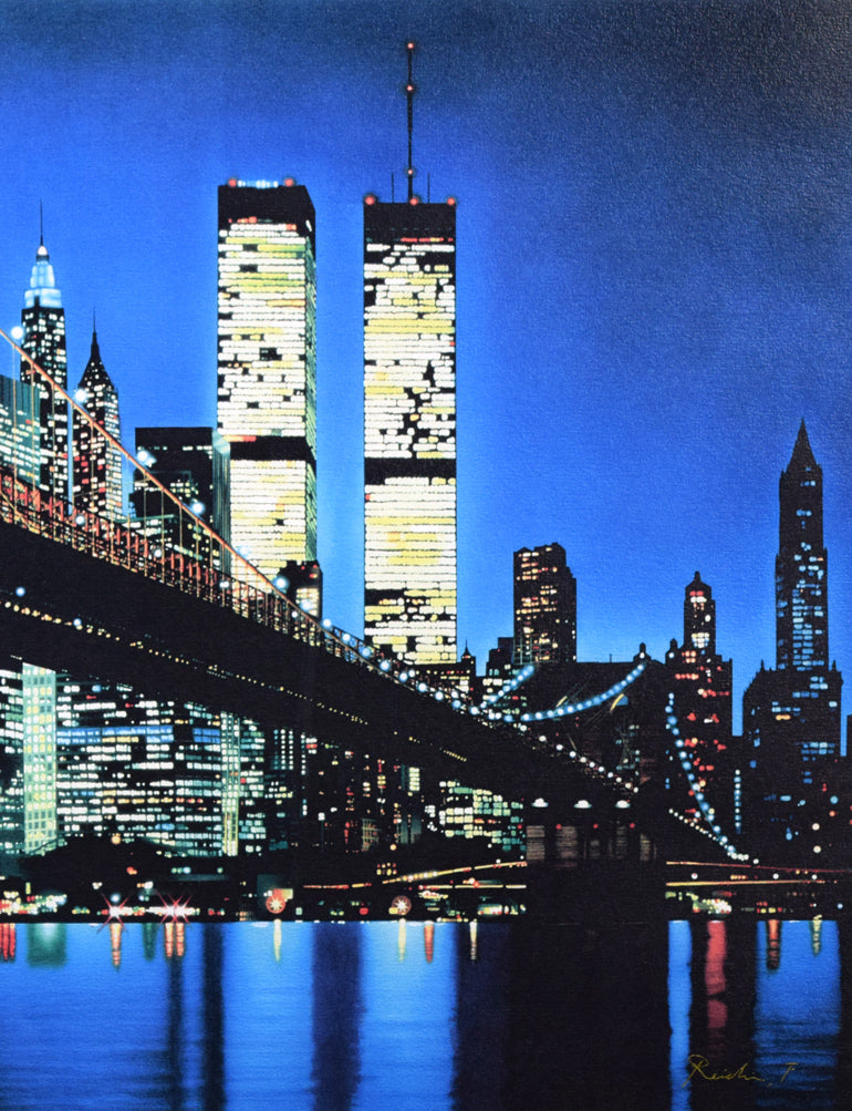 福島励史「夜のブルックリン大橋(ニューヨーク)」ミクストメディア版画 拡大画像2