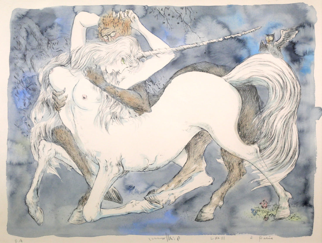 古沢岩美「襲われたコリーヌ」リトグラフに手彩色(パリ制作) 作品全体拡大画像