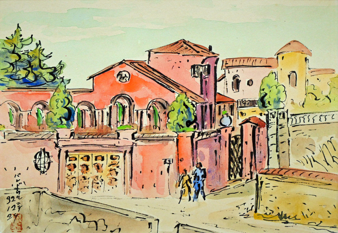 作者不明「南佛スケッチ バンドールの家」水彩画(14.4×20.5cm) 作品全体画像