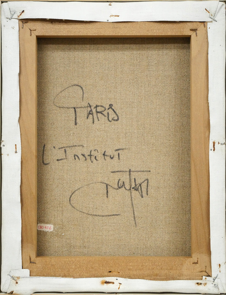 ギィ デサップ(Guy DESSAPT)「パリ、フランス学士院と馬車」油絵・仏F5号 キャンバス裏側画像